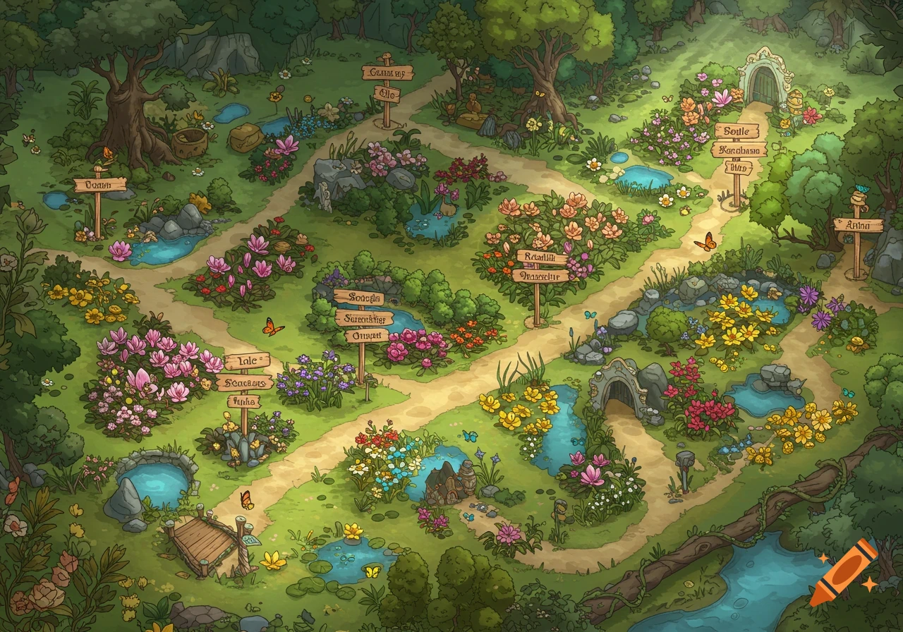 A whimsical, cartoonish fantasy map of a lush garden with winding paths, colorful flowers, ponds, trees, and wooden signs.