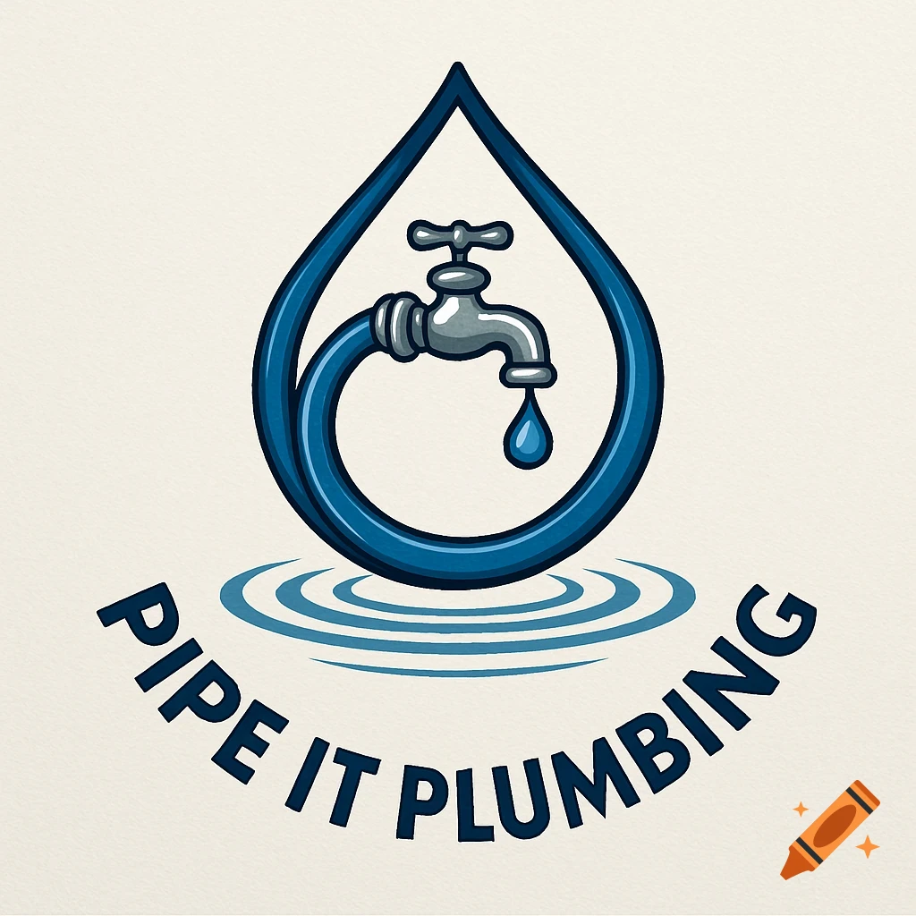A stylized blue water droplet logo with a faucet and hose, with the text 'PIPE IT PLUMBING' curved below.