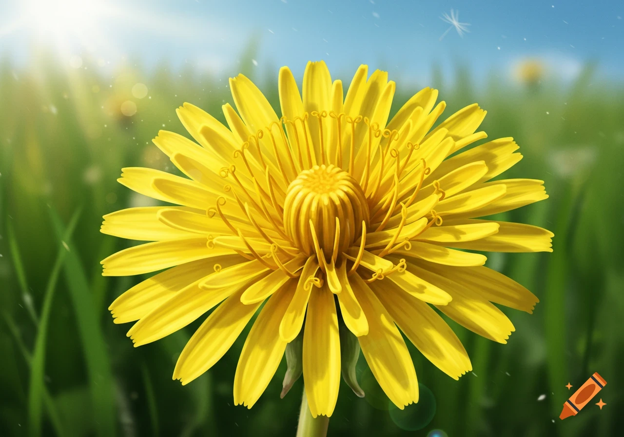 Close-up of a bright yellow dandelion flower in a sunny green field under a blue sky.