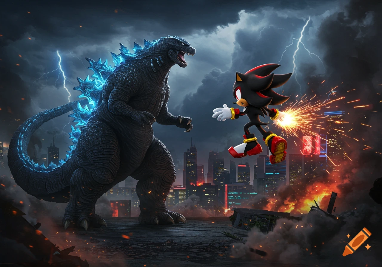 Godzilla with glowing spines faces Shadow the Hedgehog, sparking, in a ruined city under a stormy, lightning-filled sky.