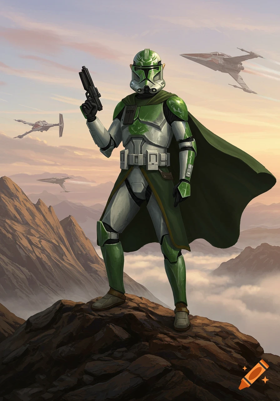 A green clone trooper in a cape stands on a mountaintop holding a pistol, with starfighters flying in the background at sunset.