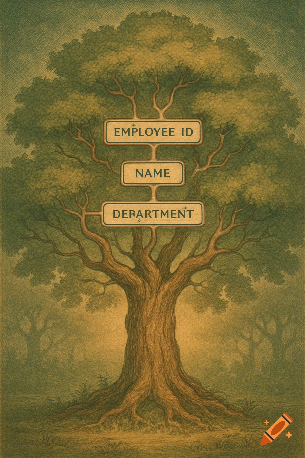 A stylized tree with signs reading 'EMPLOYEE ID', 'NAME', and 'DEPARTMENT', in a lithograph style.
