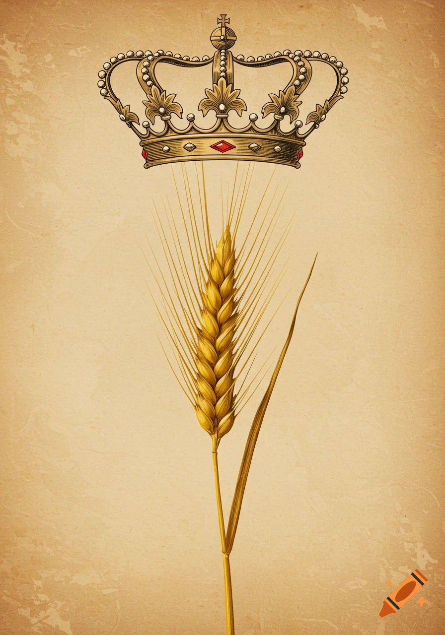 A vintage-style illustration of a golden crown above a head of barley on a textured background.