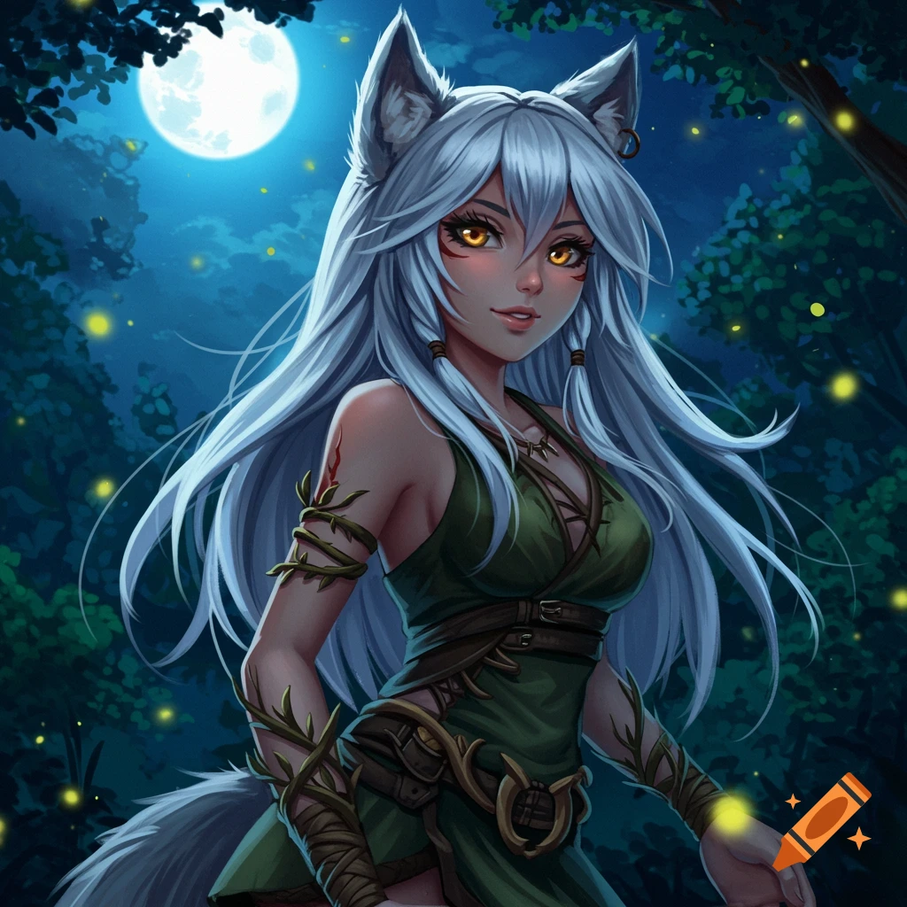 Anime wolf girl with white hair and orange eyes, in a dark forest at night with a full moon and fireflies.