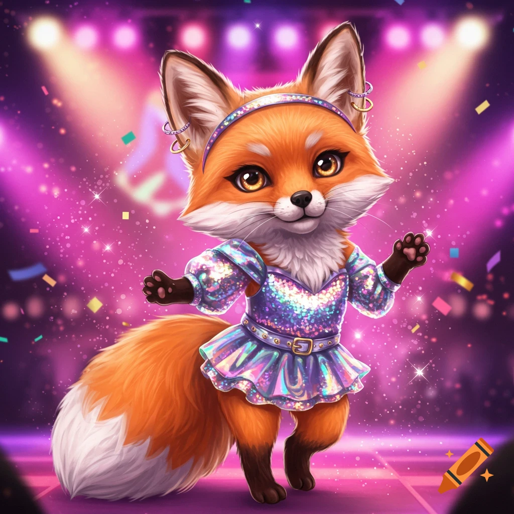 An adorable orange fox in a sparkly iridescent dress and headband stands on a stage with pink and purple lights and confetti.