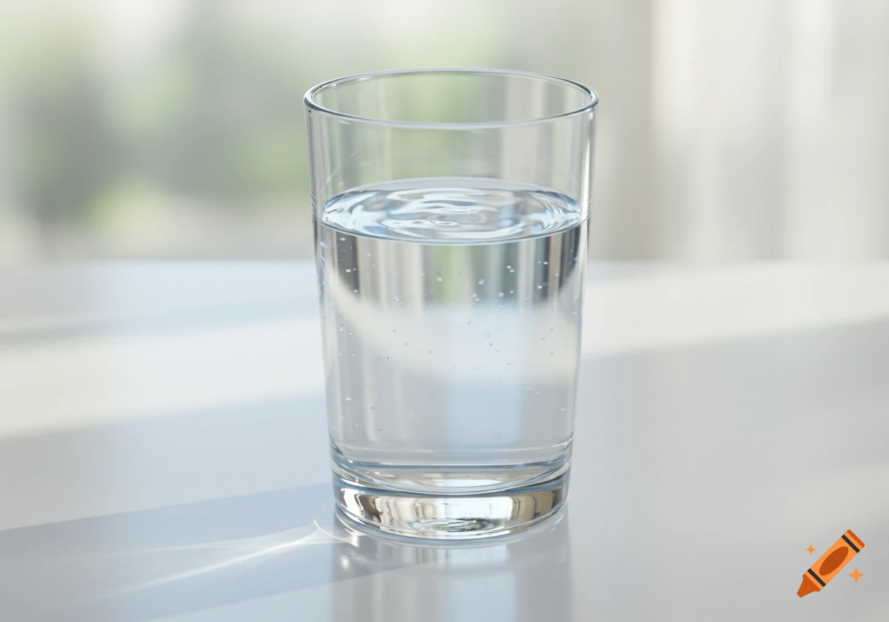 A clear glass filled with water on a light surface with a blurred background.