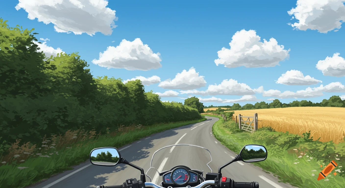 First-person view of a motorcycle on a winding country road with green hedgerows and a golden field under a blue sky with clouds. Illustration style.