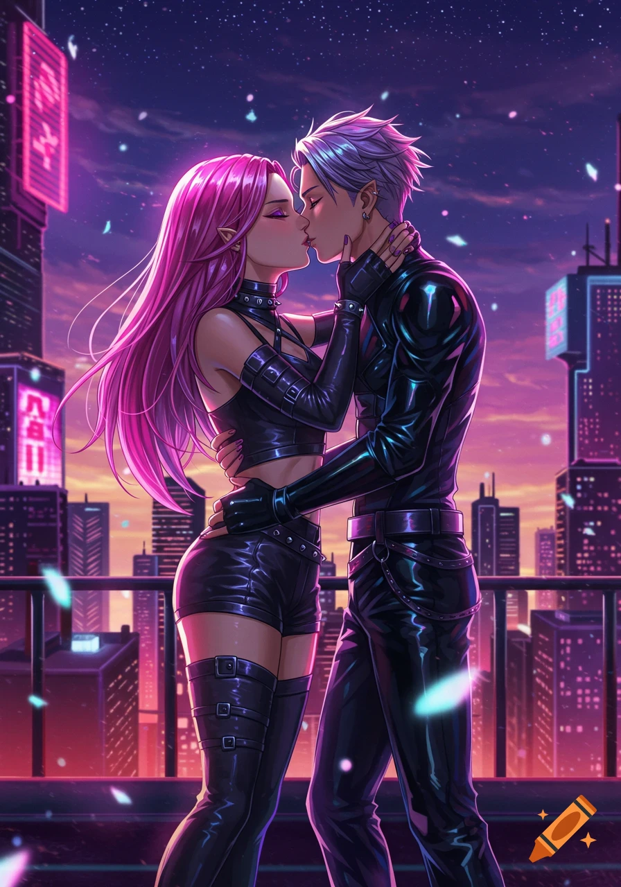 An anime-style cyberpunk couple with pointed ears, dressed in black leather, kissing on a city rooftop at night with neon-lit buildings.
