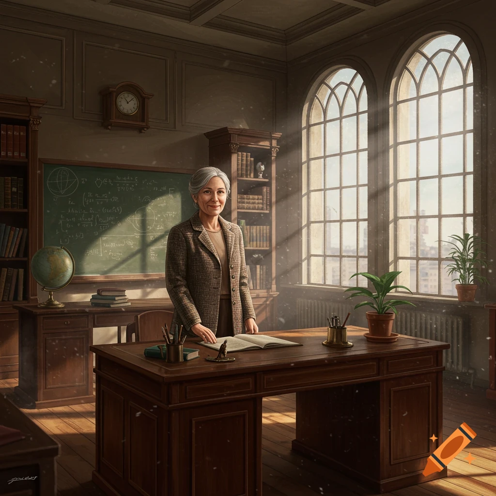 An older female teacher in a brown tweed jacket stands at a wooden desk in an old-fashioned classroom with a blackboard and arched windows.