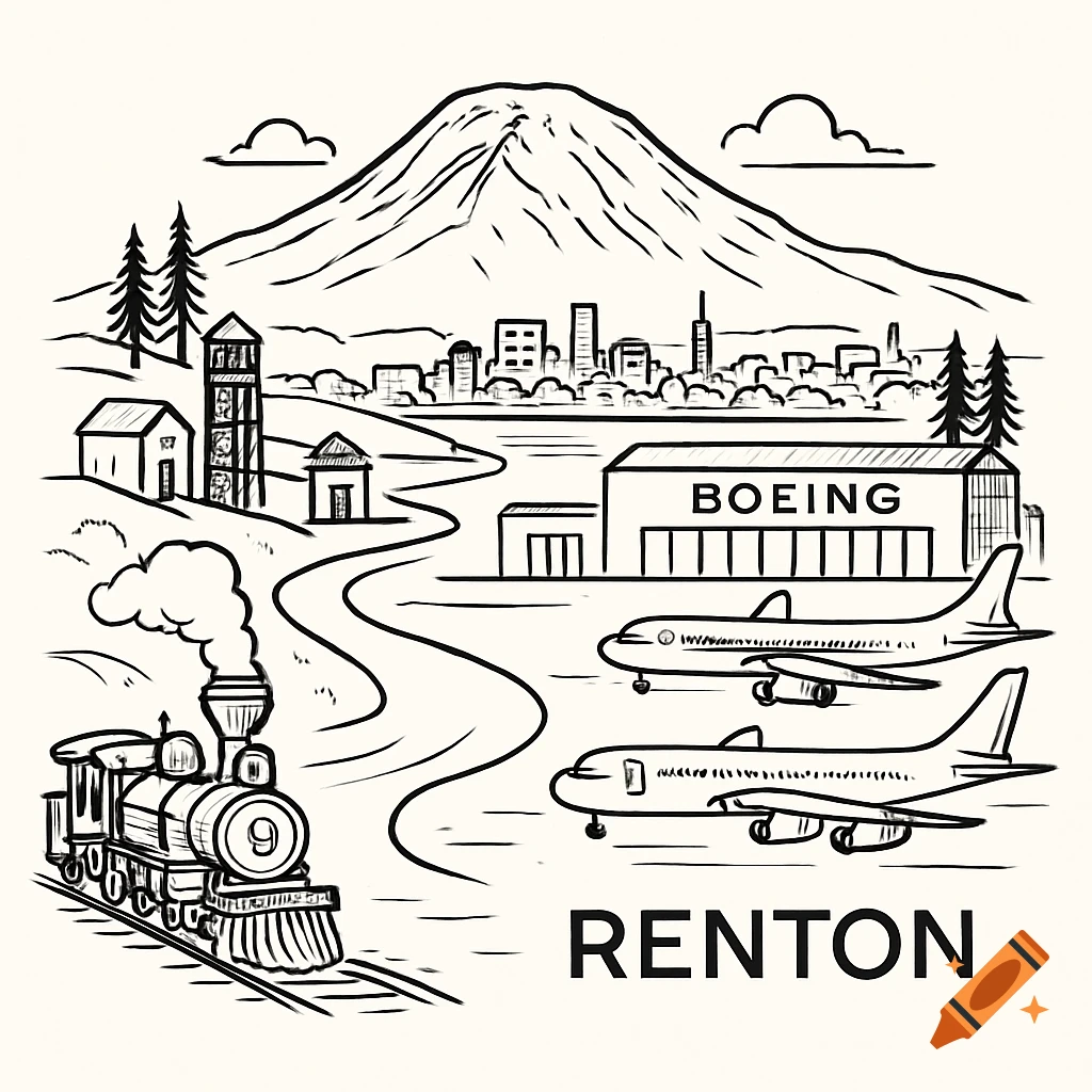 A black and white line drawing of a landscape featuring Mount Rainier, a city, a Boeing plant with planes, a train, and the word RENTON.