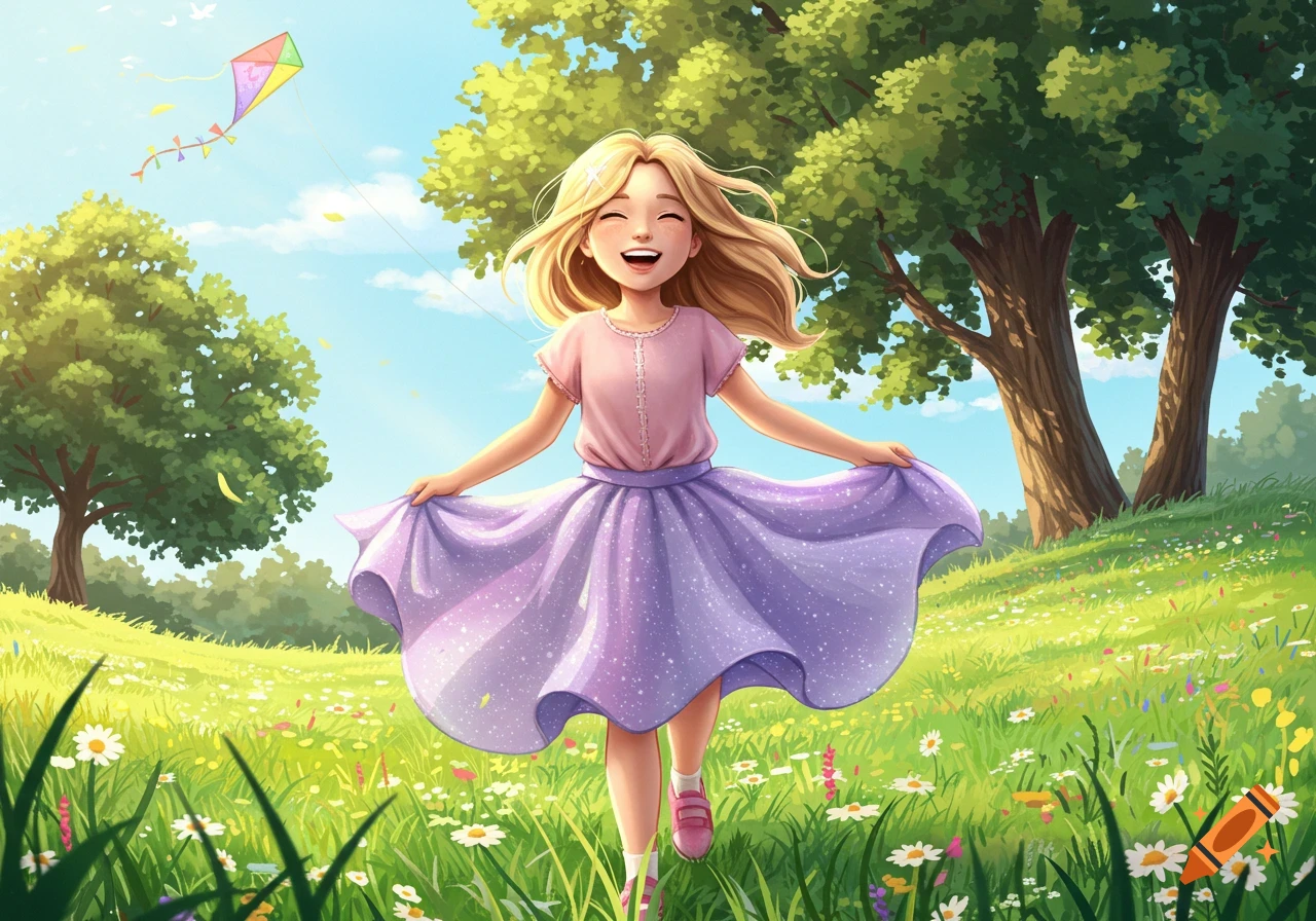 Happy blonde girl in pink shirt and purple skirt runs through a sunny green field with flowers. A kite flies in the sky. Illustrated.