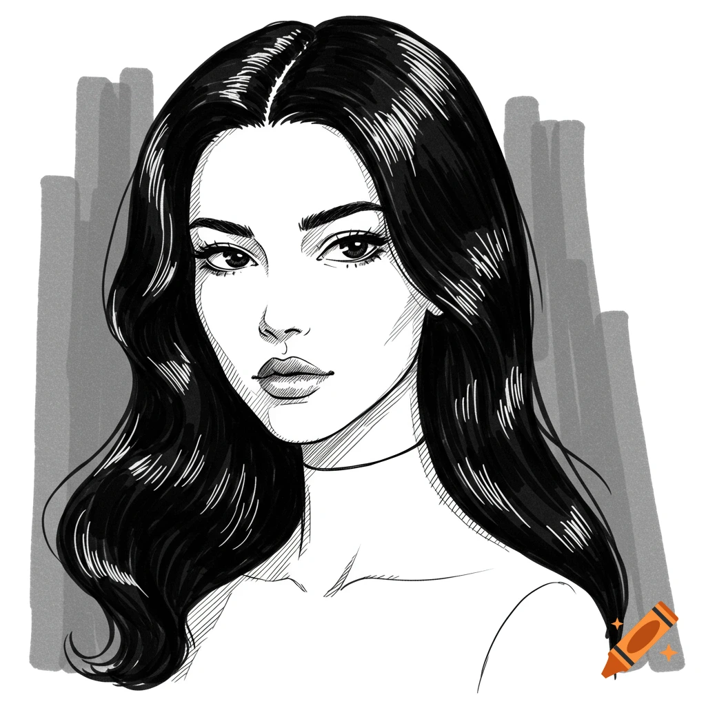 Black and white marker sketch portrait of a woman with long dark hair.