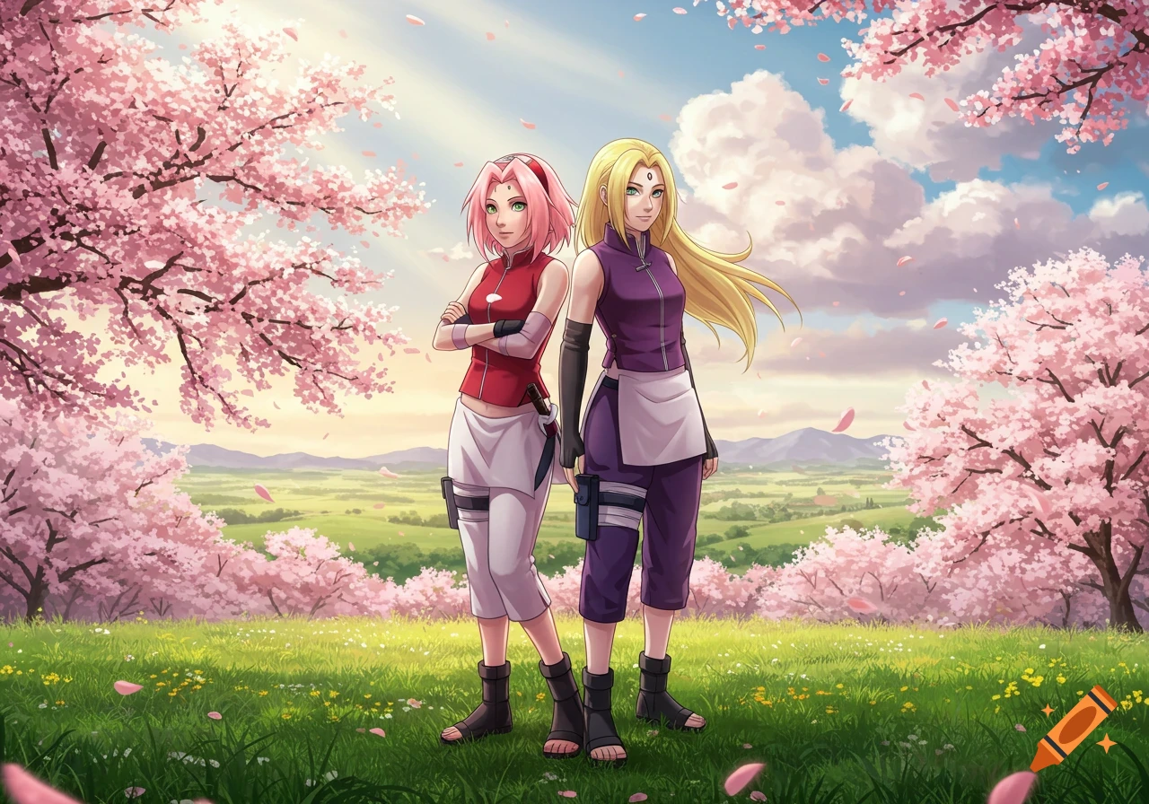 Two anime characters, Sakura and Ino from Naruto, stand in a vibrant green field with blooming pink cherry blossom trees under a bright sky.