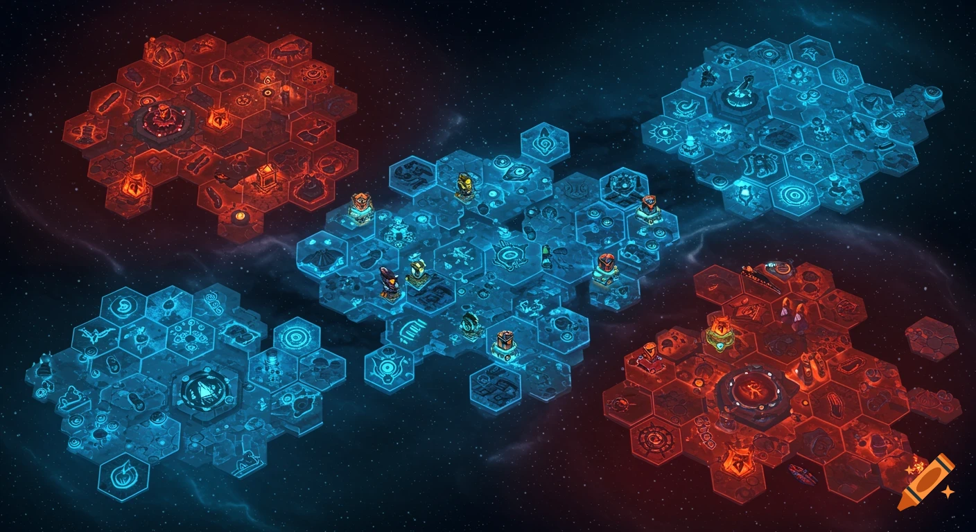 A vibrant, flat intergalactic battle map made of glowing red and blue hexagons in deep space, featuring various symbols.