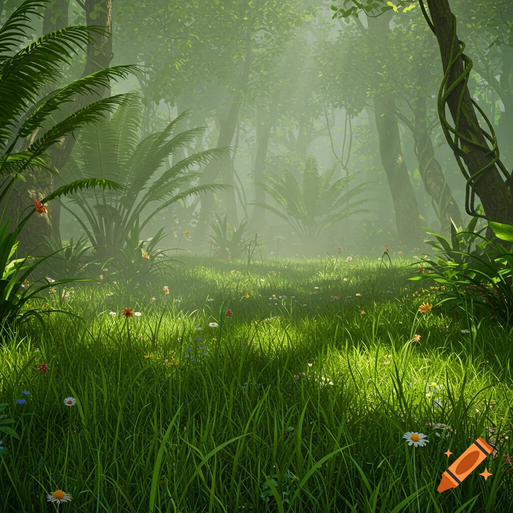 A lush, misty rainforest with a vibrant green grassy floor illuminated by rays of sunlight filtering through the canopy.