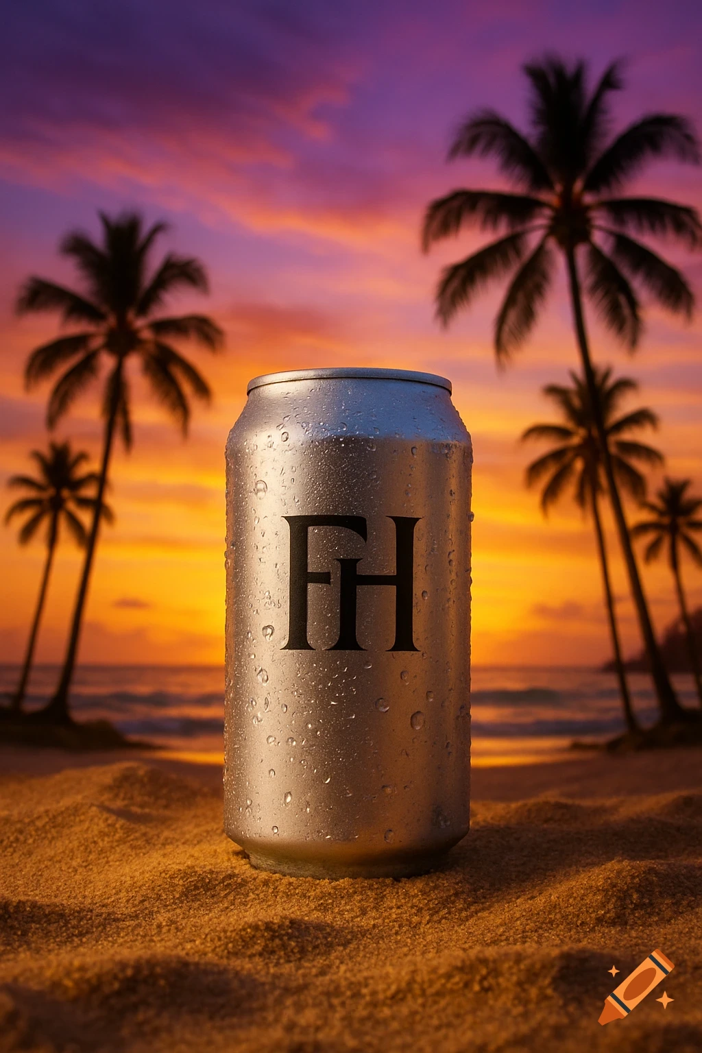 A close-up shot of a cold seltzer can with 'FH' on it, sitting on a sandy beach with palm trees against a vibrant purple, yellow, and orange sunset sky.
