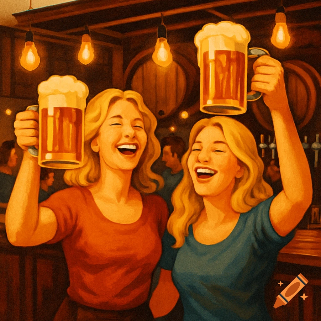 Two laughing blonde women holding up frothy beer mugs in a busy bar, depicted in a painterly style.