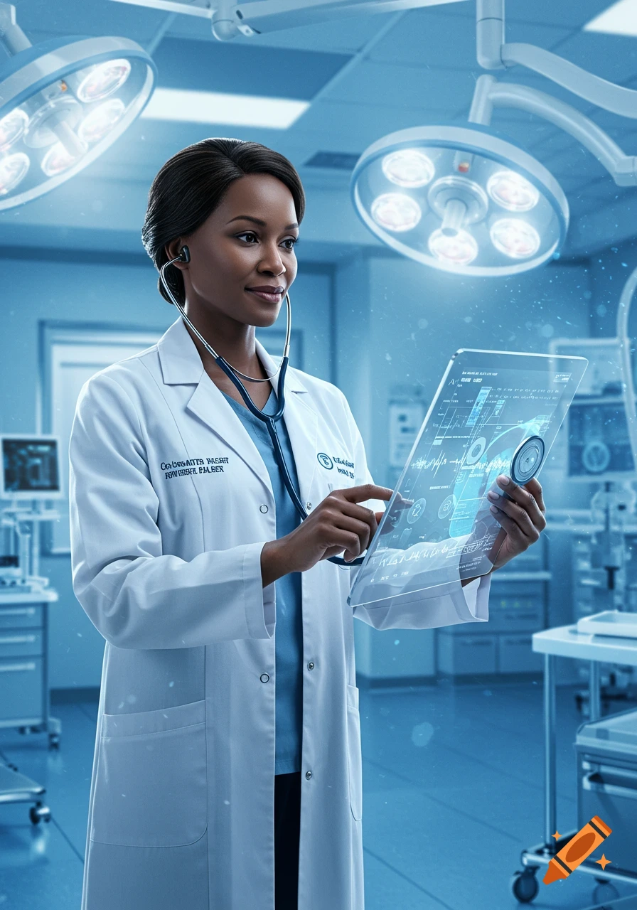 A professional Black woman doctor in a white lab coat holds and interacts with a transparent digital tablet displaying medical data in a futuristic operating room.