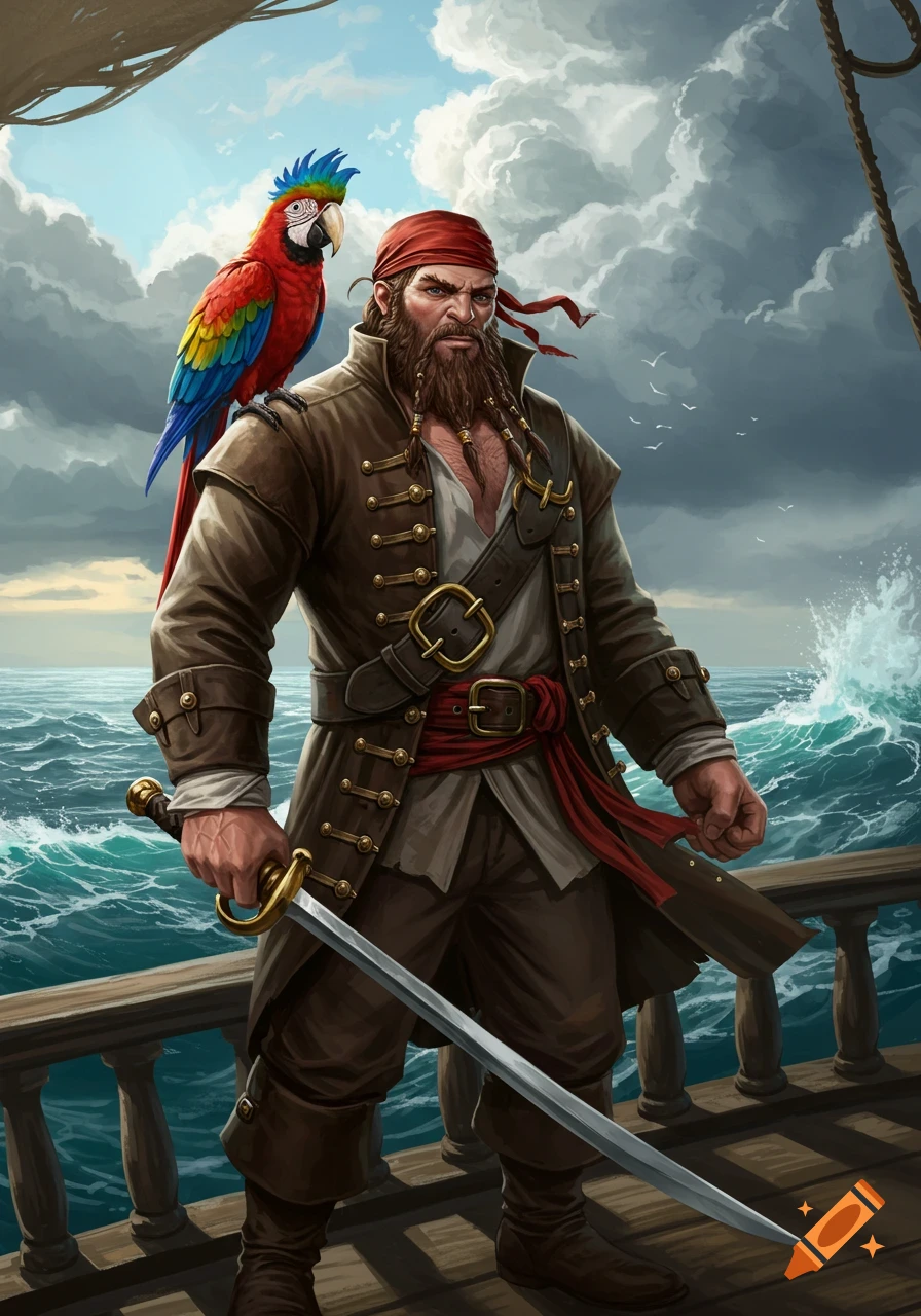A bearded pirate with a red bandana and brown coat stands on a ship deck with a colorful macaw on his shoulder, holding a sword. The sea and clouds are visible.