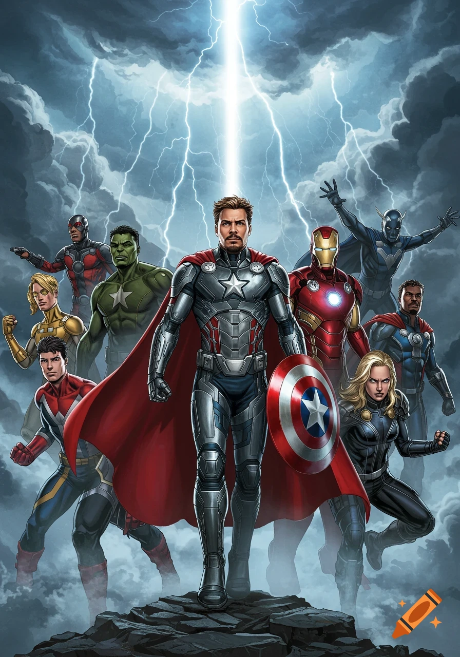 A group of diverse superheroes in comic book style pose heroically under a stormy sky with lightning.