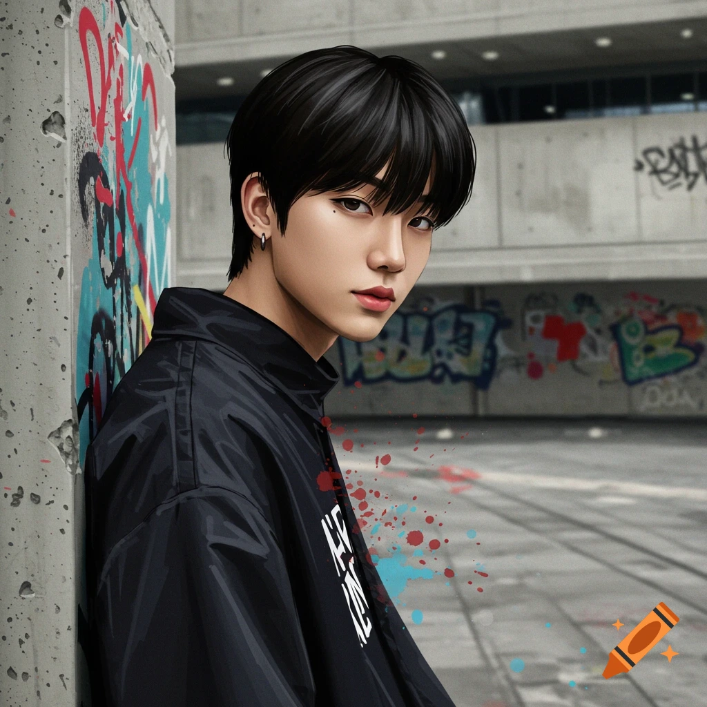 A stylish person with black hair and a bowl cut leans against a graffiti-covered wall in an urban setting, wearing a black jacket with red and blue paint splatters.