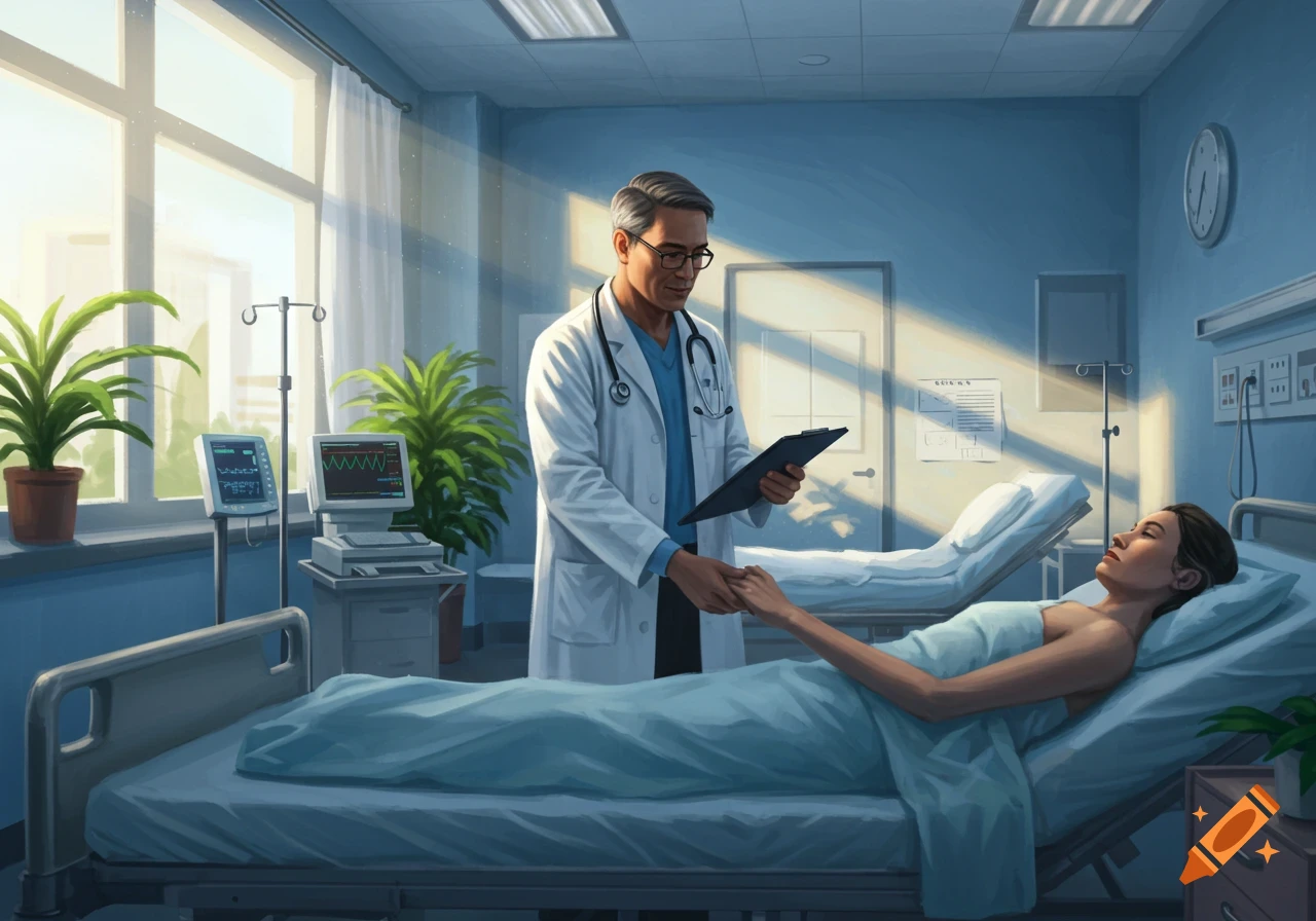 A doctor in a white coat holding the hand of a patient lying in a bed in a hospital room, painted style.