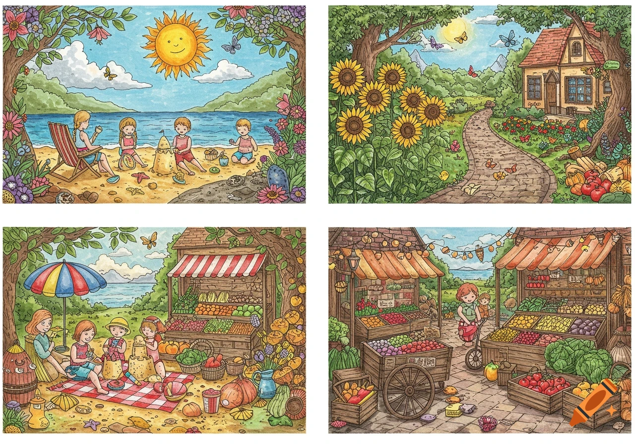 Four colorful illustrations in a coloring book style depicting summer scenes including a beach, a house with sunflowers, and market stalls.