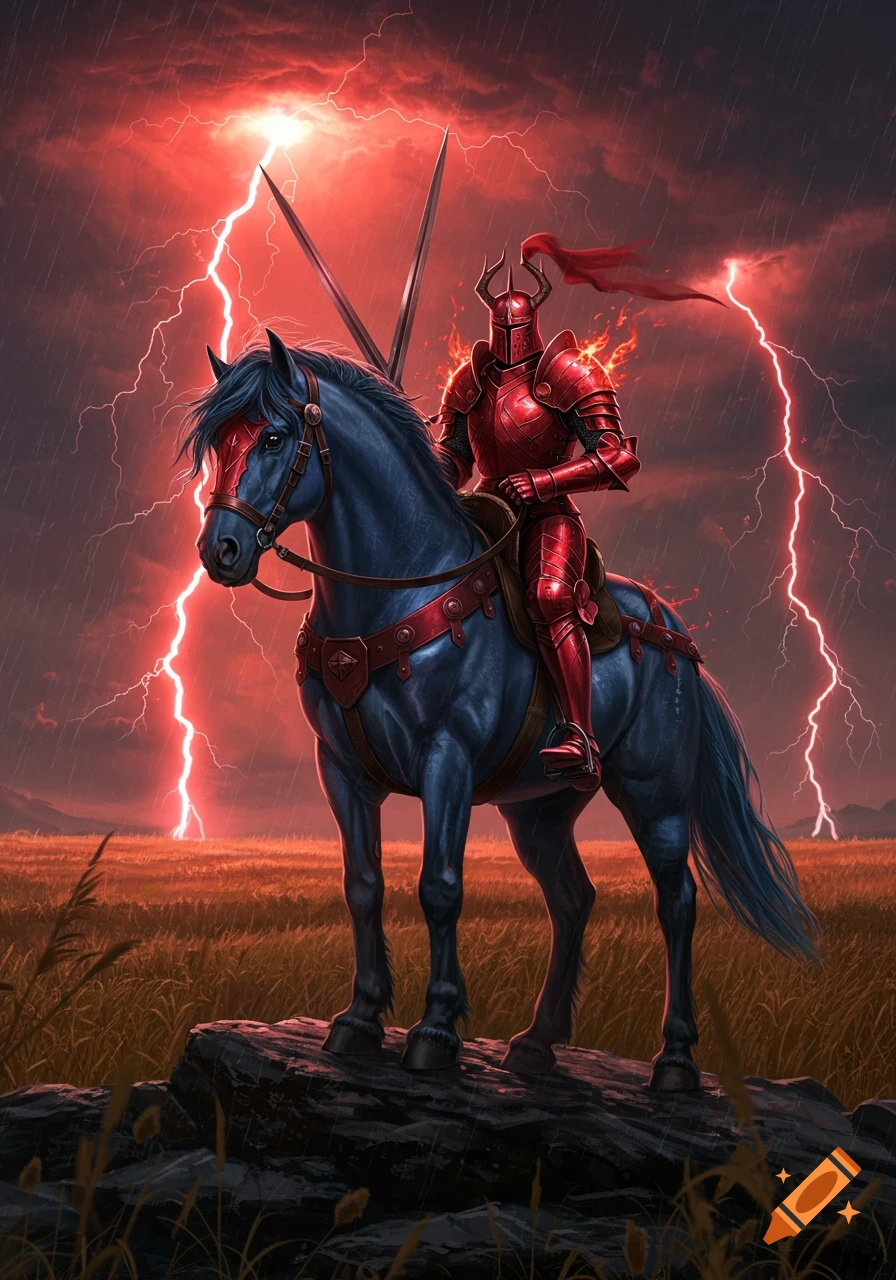 A knight in red armor rides a blue horse on a rocky outcrop during a stormy night with red lightning and rain.