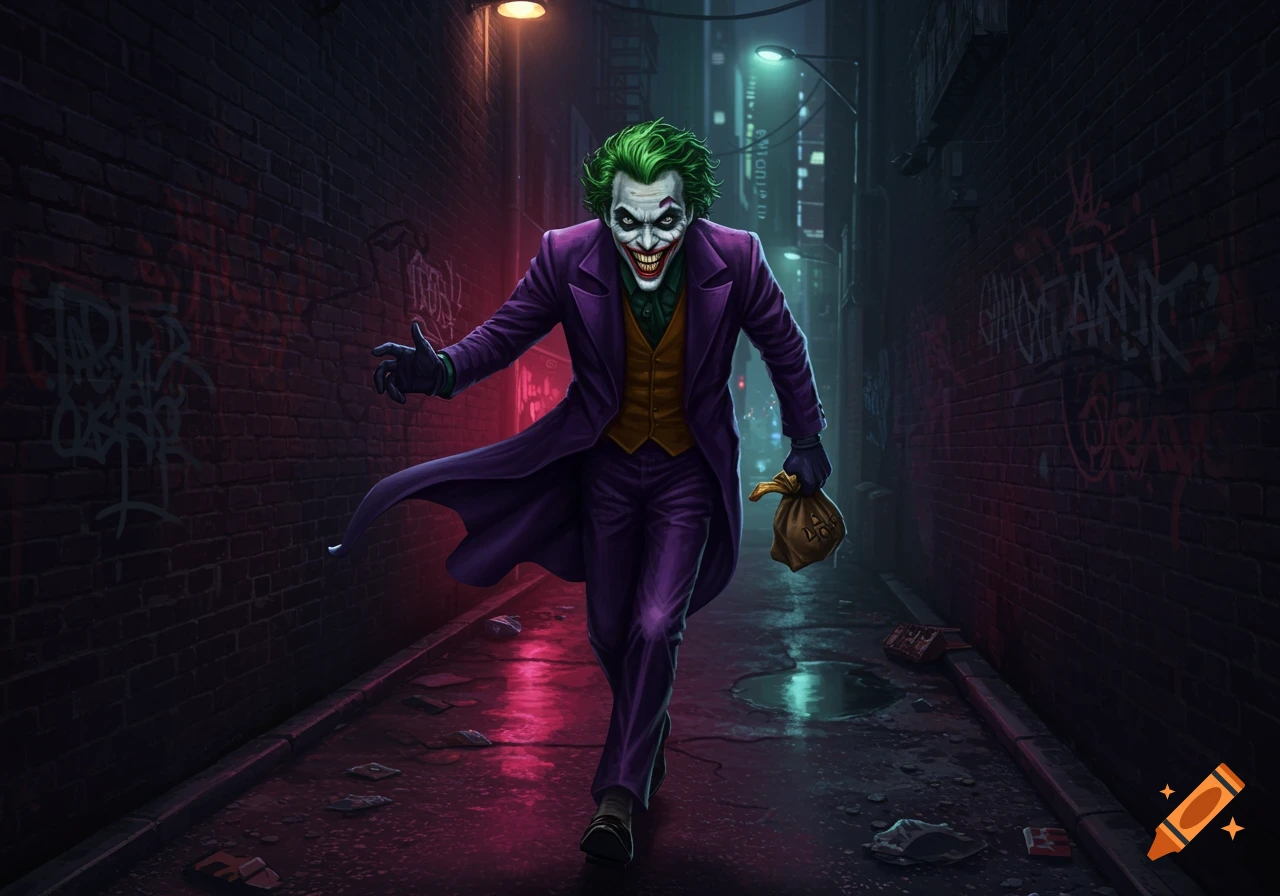 The Joker walks down a dark, neon-lit alley at night, carrying a sack, in a comic book art style.