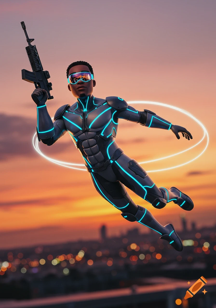 A cartoon 3D render of a Black superhero in a glowing grey suit and goggles, holding an M4 rifle, flying over a city at sunset.