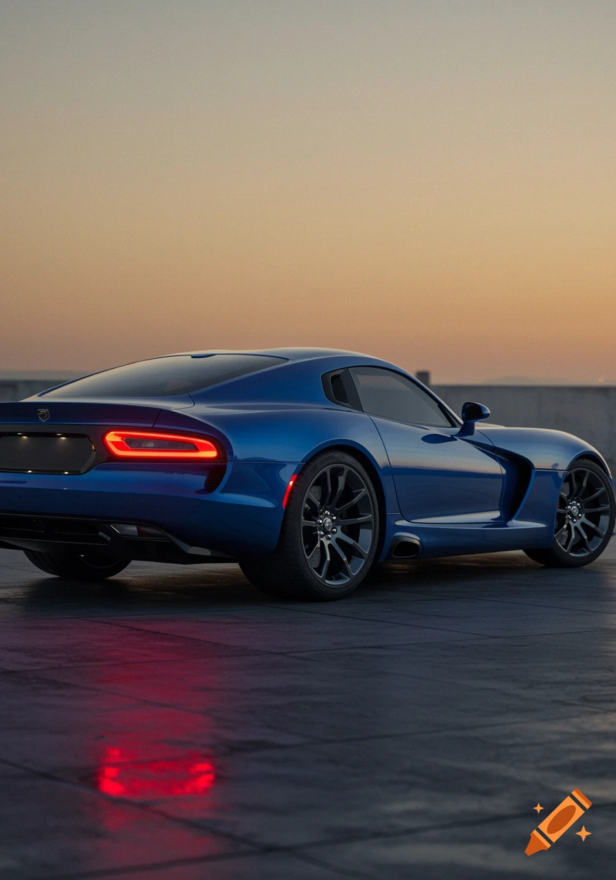 A photorealistic image of a blue Dodge Viper sports car from the rear, parked on a concrete surface at sunset, with its red taillights on and reflecting.