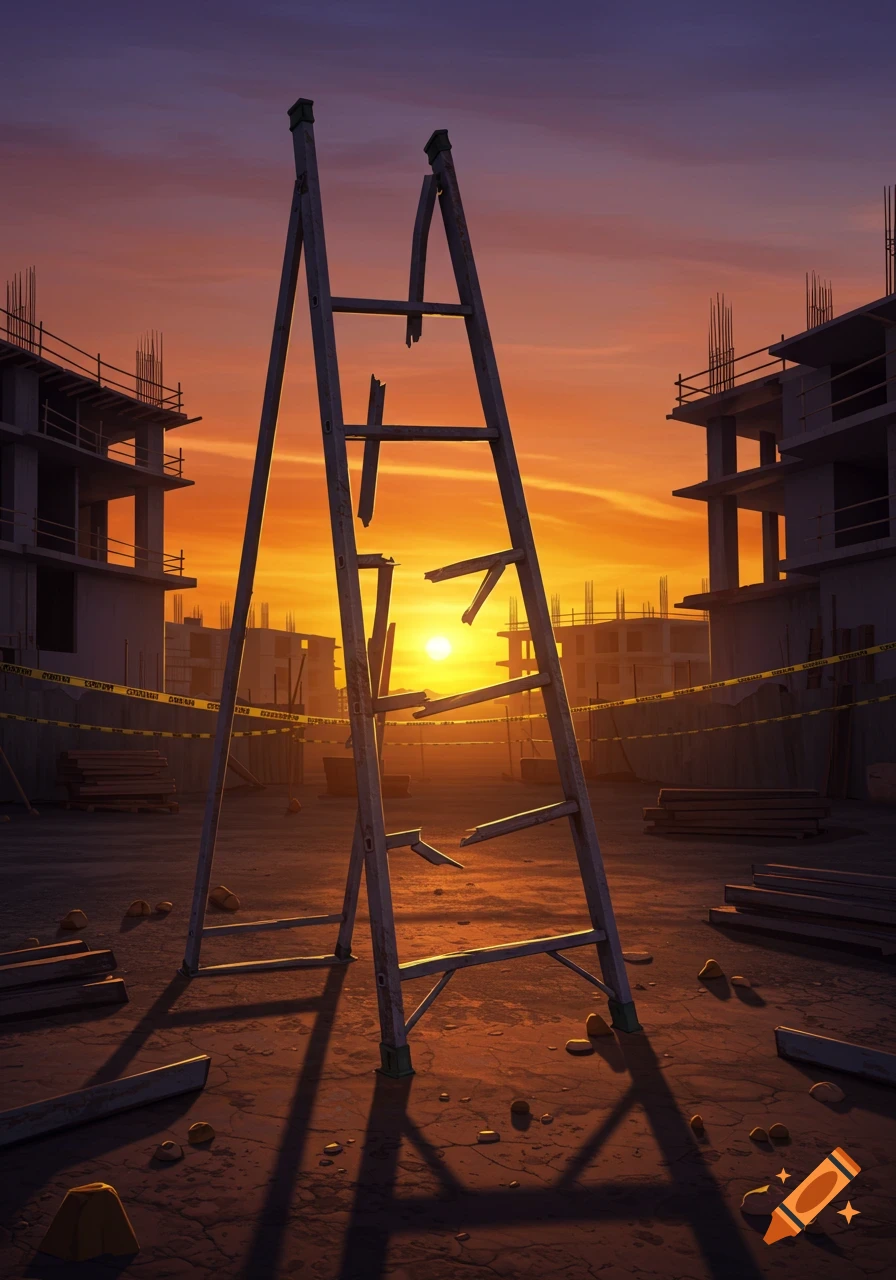 An illustrative image of a broken ladder standing upright on a construction site at sunset, with buildings in the background.