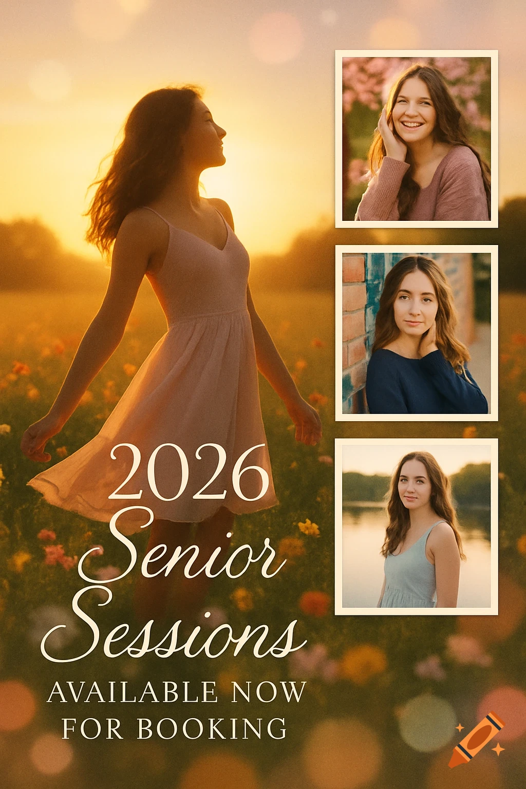 A photorealistic poster for 2026 Senior Sessions with a woman in a field at sunset and three small portraits.