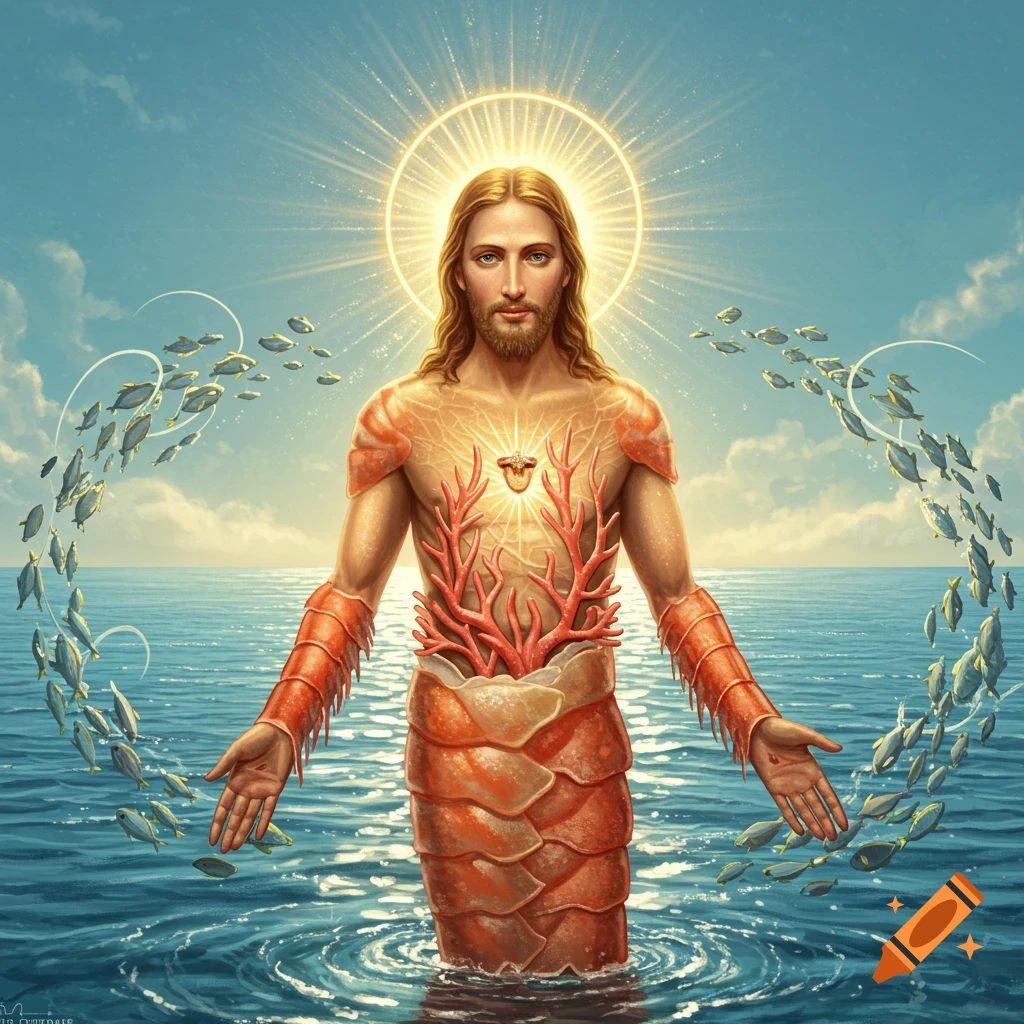 A majestic, glowing figure resembling Jesus, with a shrimp-like lower body and coral in his chest, stands in the ocean surrounded by schools of fish.