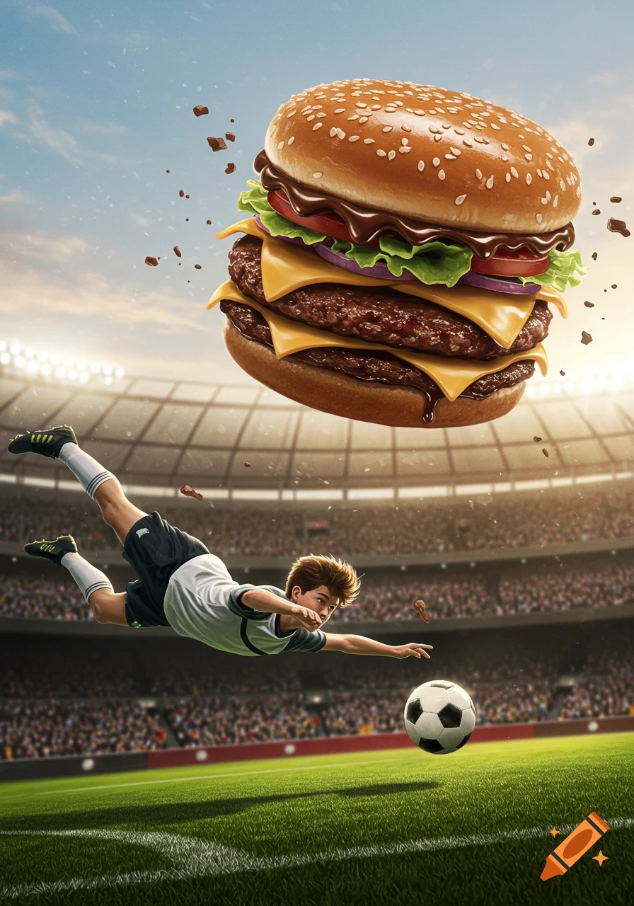 A soccer player dives in a stadium with a giant double cheeseburger floating above him and a soccer ball below, photorealistic style.