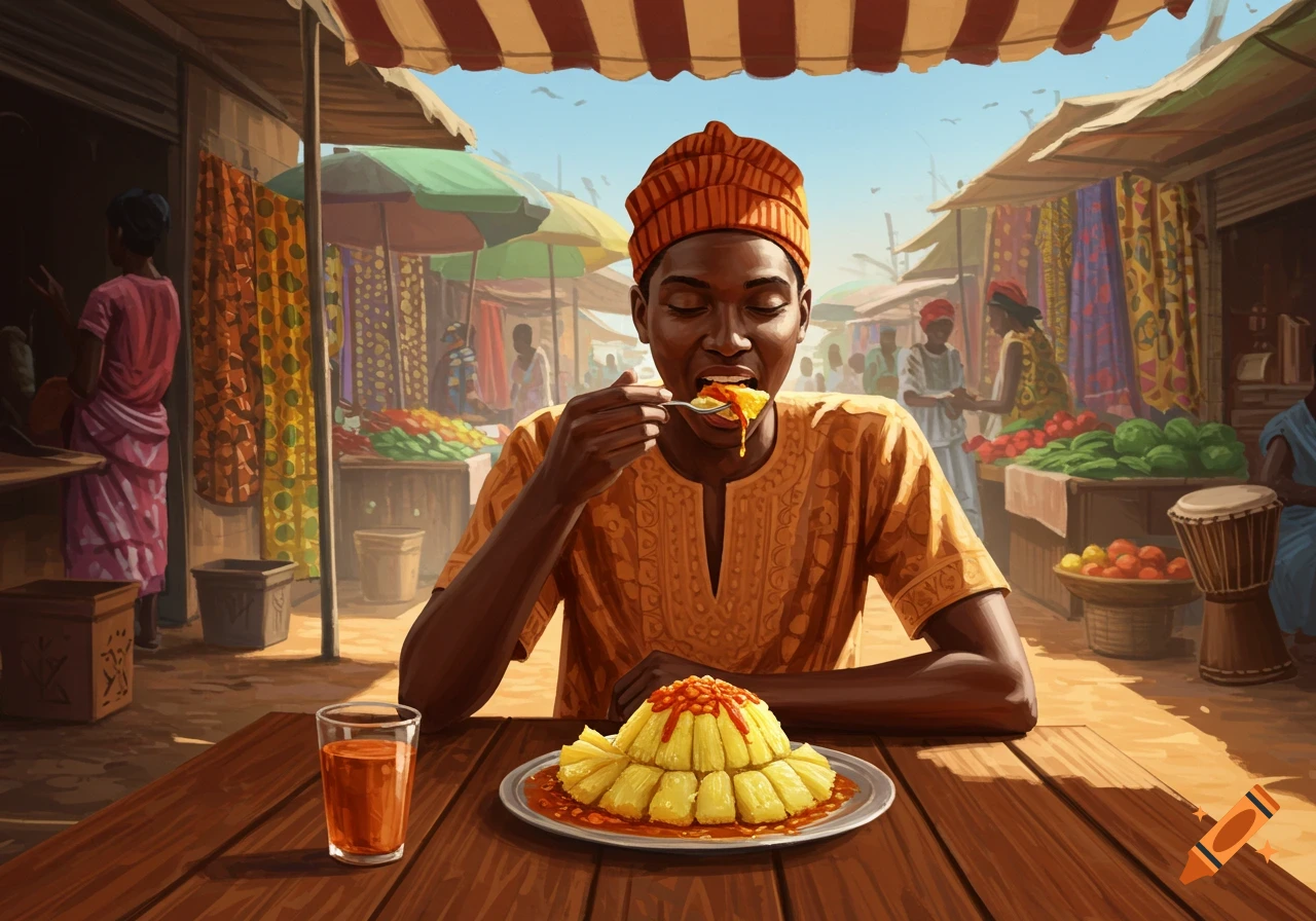 A young person eats a large yellow dish with a spoon at a wooden table in a vibrant outdoor African market, illustrated in digital painting style.
