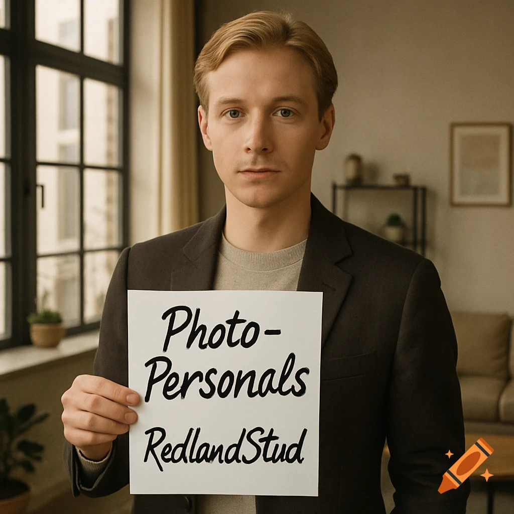 Photorealistic portrait of a blonde man holding a sign reading 'Photo-Personals RedlandStud' in a room.