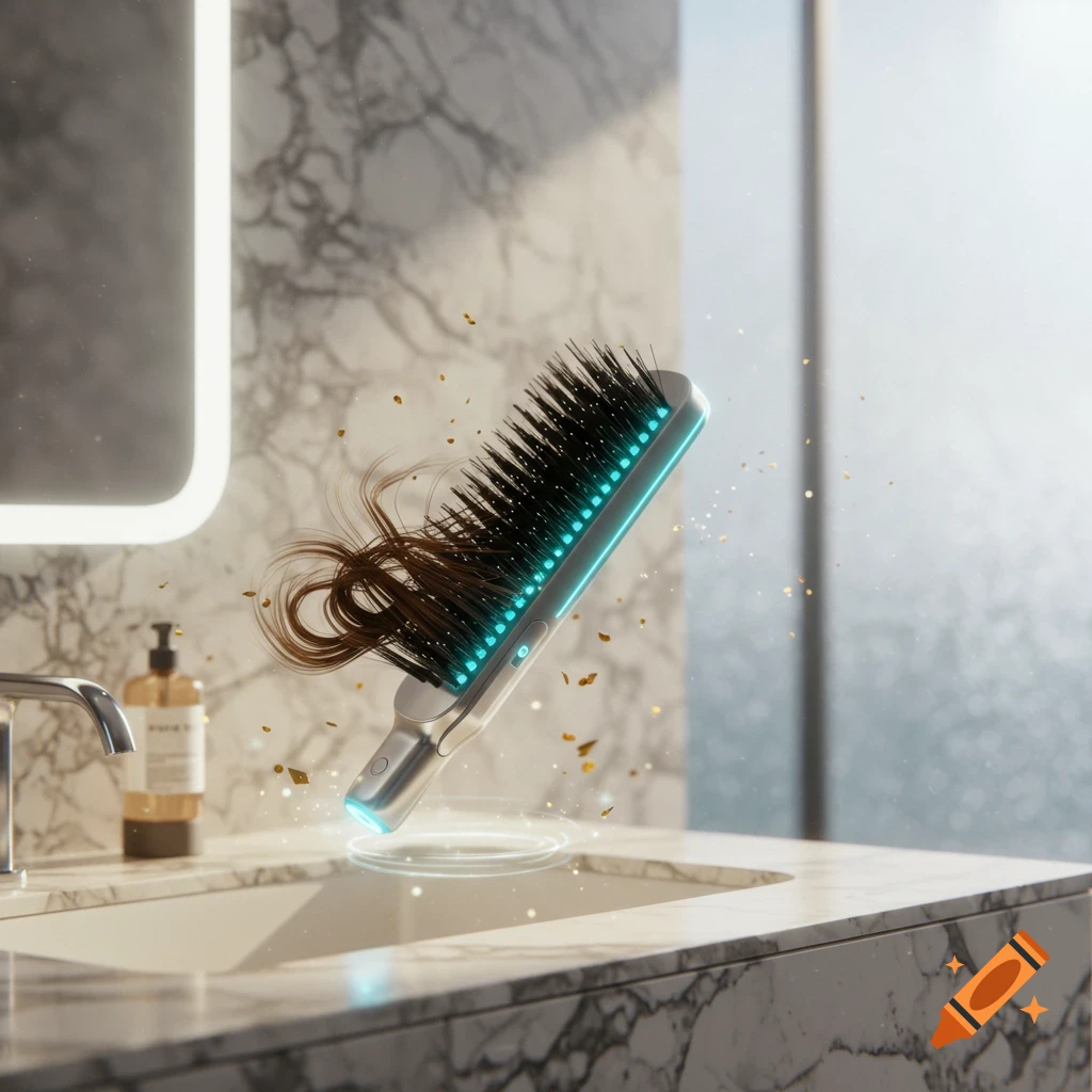A futuristic hairbrush with glowing blue lights floats above a marble bathroom sink, brushing tangled brown hair.