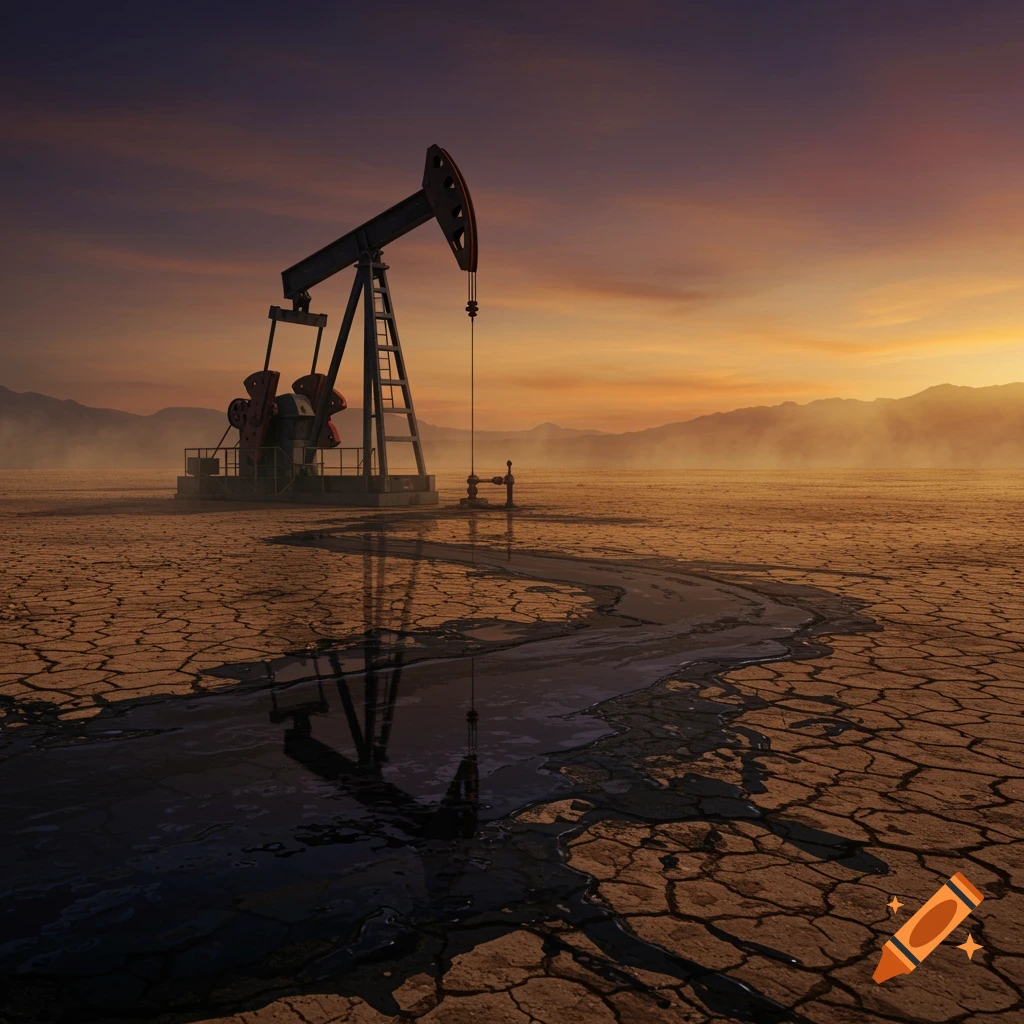 An oil pump in a cracked, dry desert landscape at sunset, with spilled oil forming a dark pool and stream on the ground.