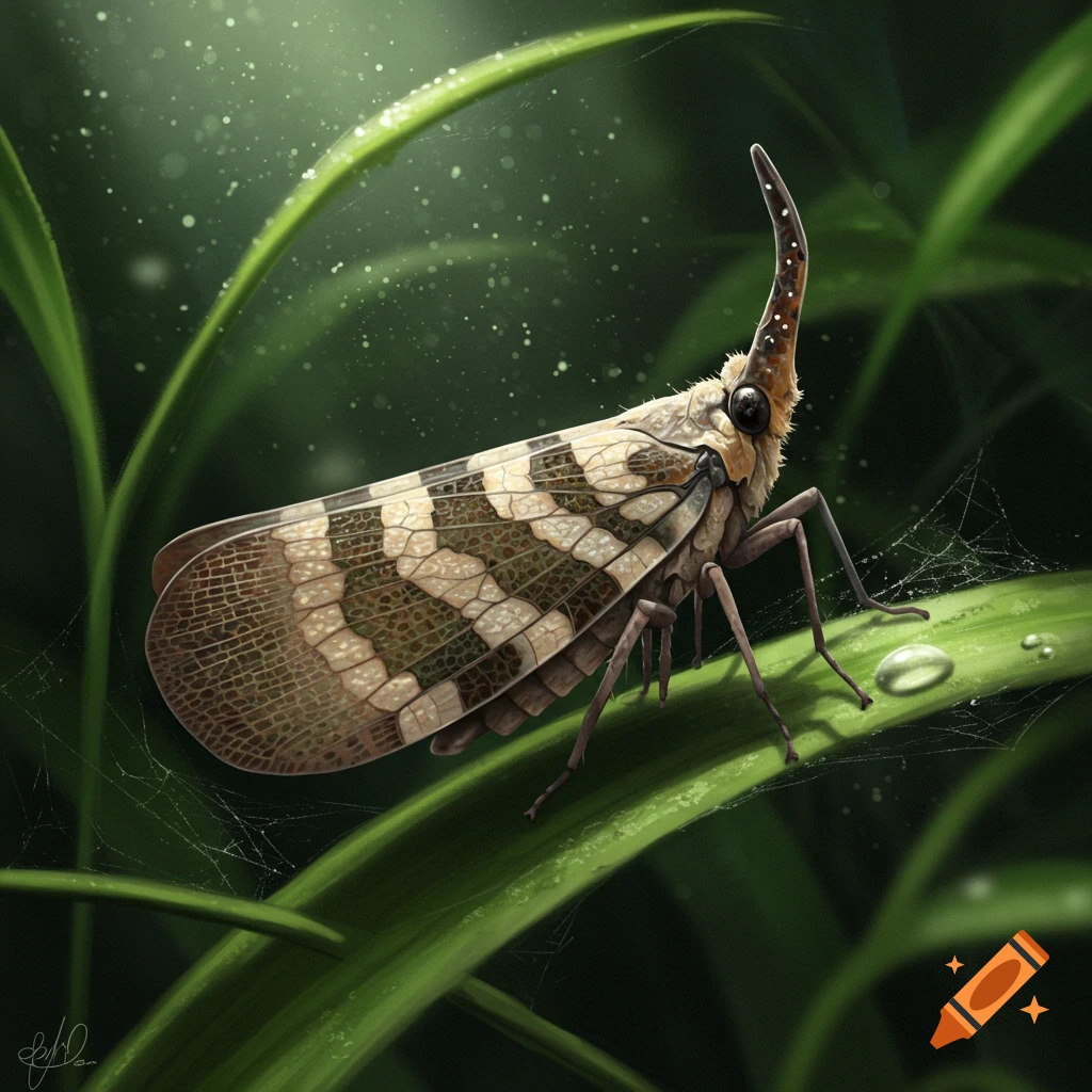 Close-up of a lantern fly with patterned wings and a long proboscis, resting on a green leaf with water droplets and a spider web.
