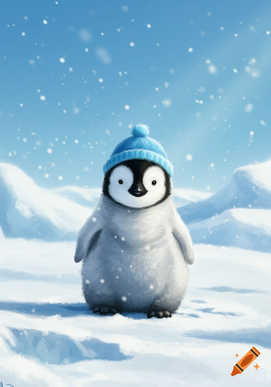 A cute baby penguin wearing a blue hat stands in a snowy, winter landscape with snowflakes falling.