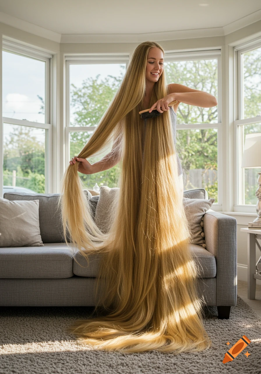 A smiling woman brushes her extremely long blonde hair that covers the couch and floor in a bright living room.