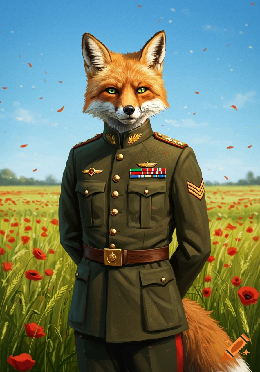 A realistic illustration of a fox in a detailed military uniform standing in a vibrant field of red poppies under a clear blue sky.