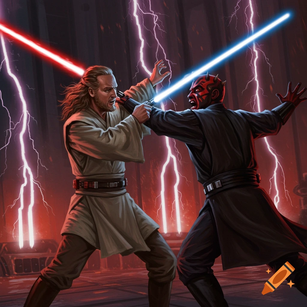 Illustration of Qui-Gon Jinn and Darth Maul locked in a lightsaber duel, surrounded by lightning in a dark, red-lit chamber.
