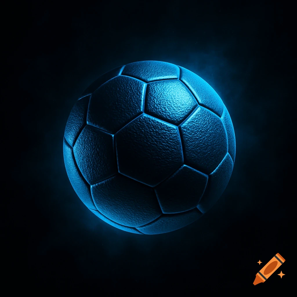A glowing dark blue soccer ball against a black background.