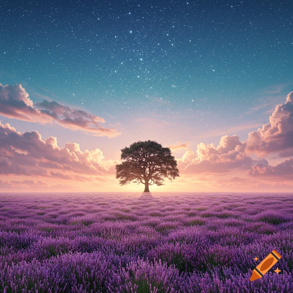 A solitary tree in a vast purple lavender field under a vibrant starry sky with sunset clouds.