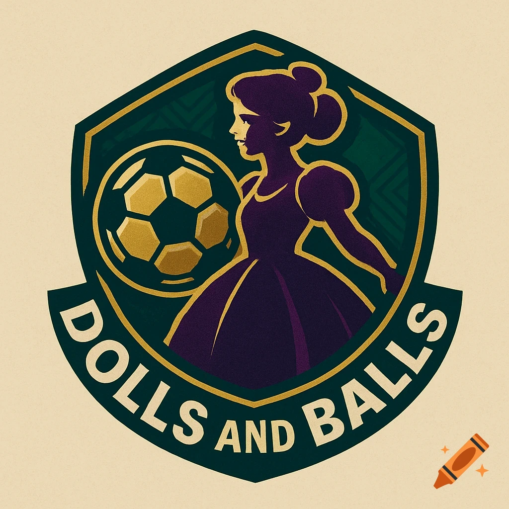 Green and gold soccer team logo featuring a woman in a dress and a soccer ball within a shield, with text 'DOLLS AND BALLS'.