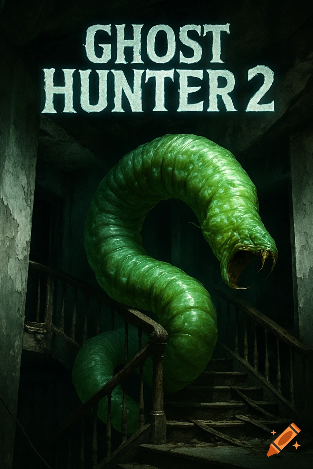 A giant green worm monster with a gaping mouth and fangs coils around a dark, dilapidated staircase under the title 'GHOST HUNTER 2'.