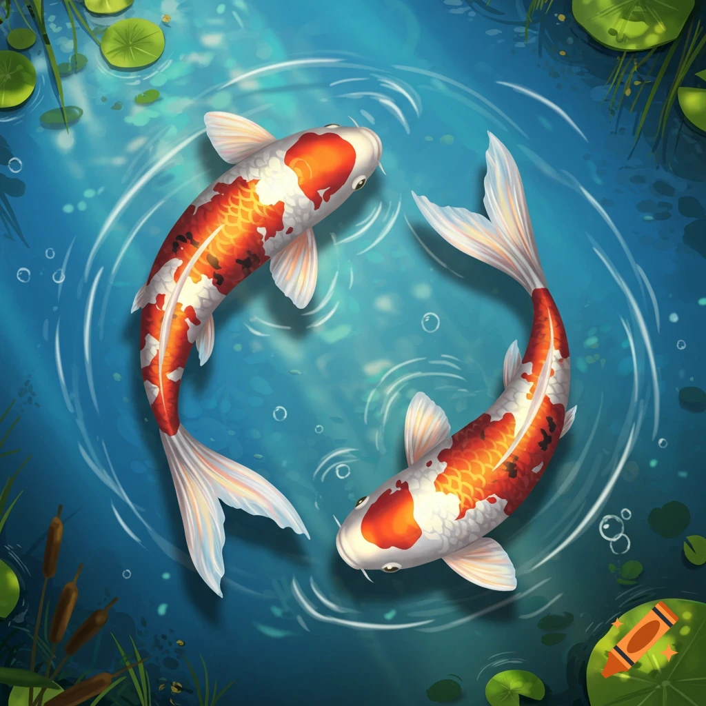 Two vibrant orange and white koi fish swim in a blue pond with lily pads, creating a graceful, circular shape. Digital illustration.