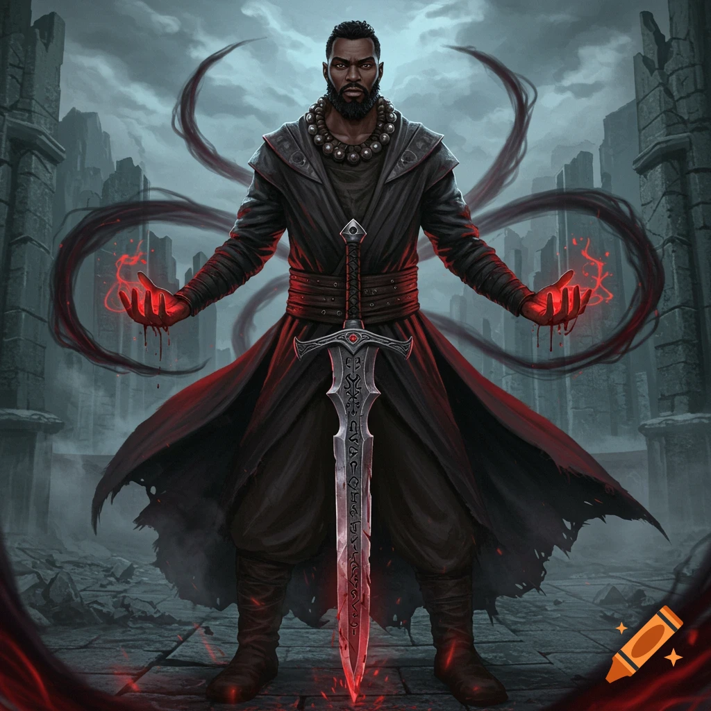 A bearded man in a dark coat with red glowing hands and a large sword stands in a ruined city. Fantasy art.